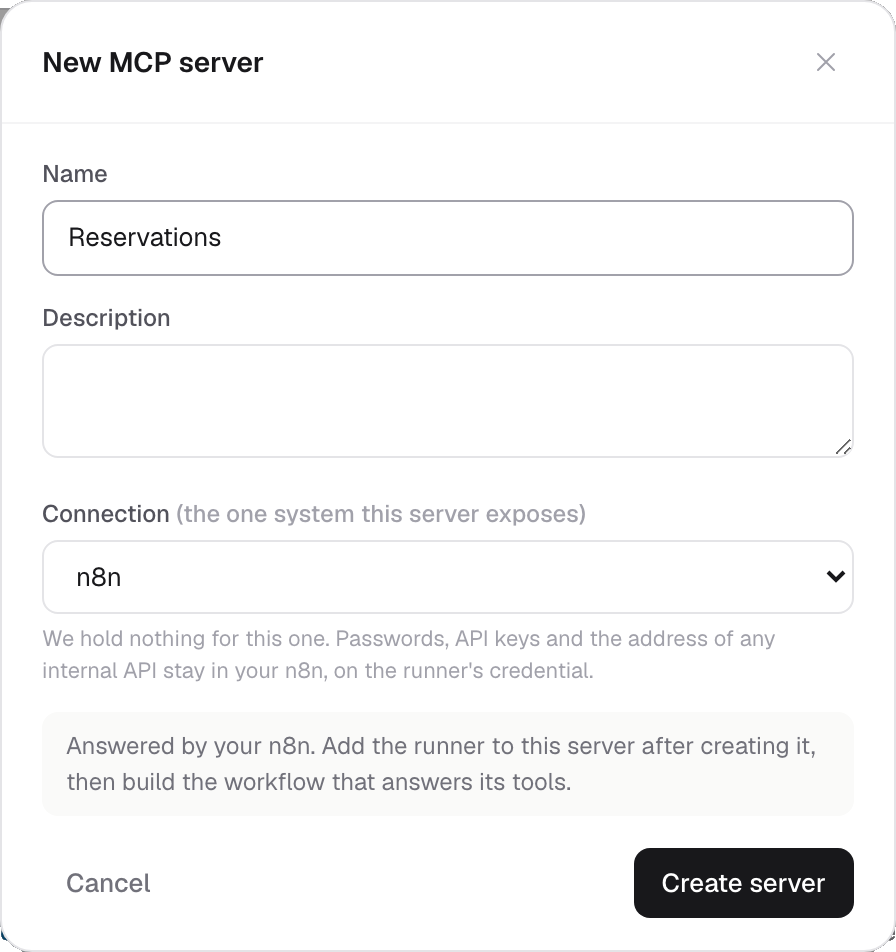 The new MCP server dialog with n8n selected as the connection