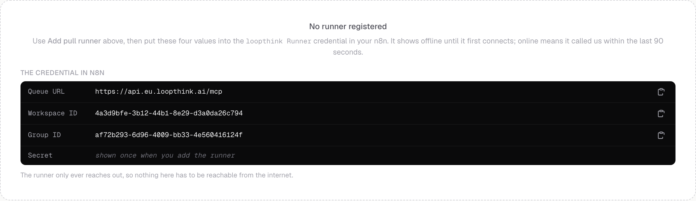 The four values the runner credential in n8n needs