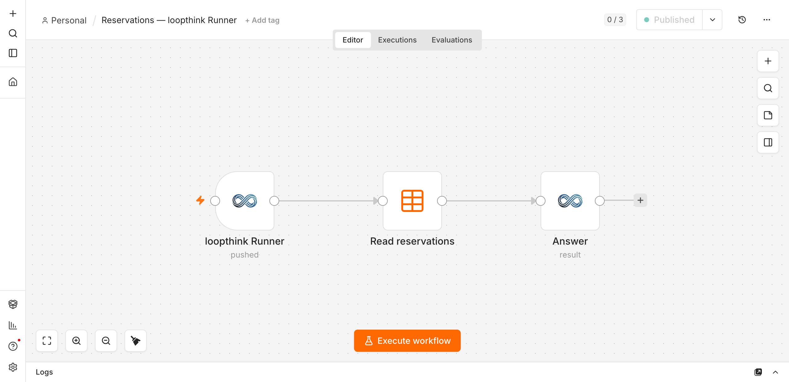 A three node workflow: loopthink Runner, Read reservations, Answer