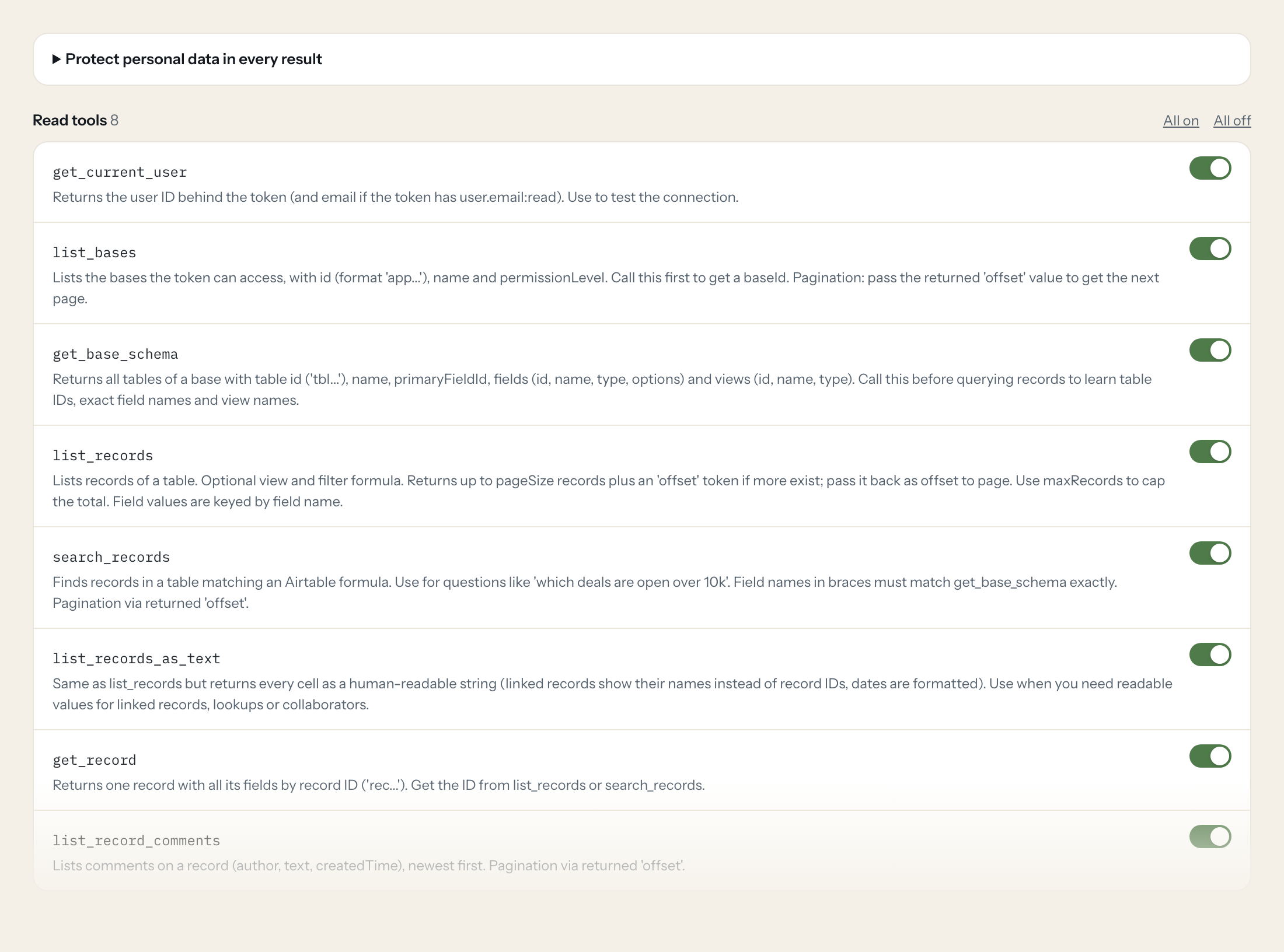 Der Tools-Tab des Airtable-Servers in Loopthink: jedes Tool mit eigenem Schalter
