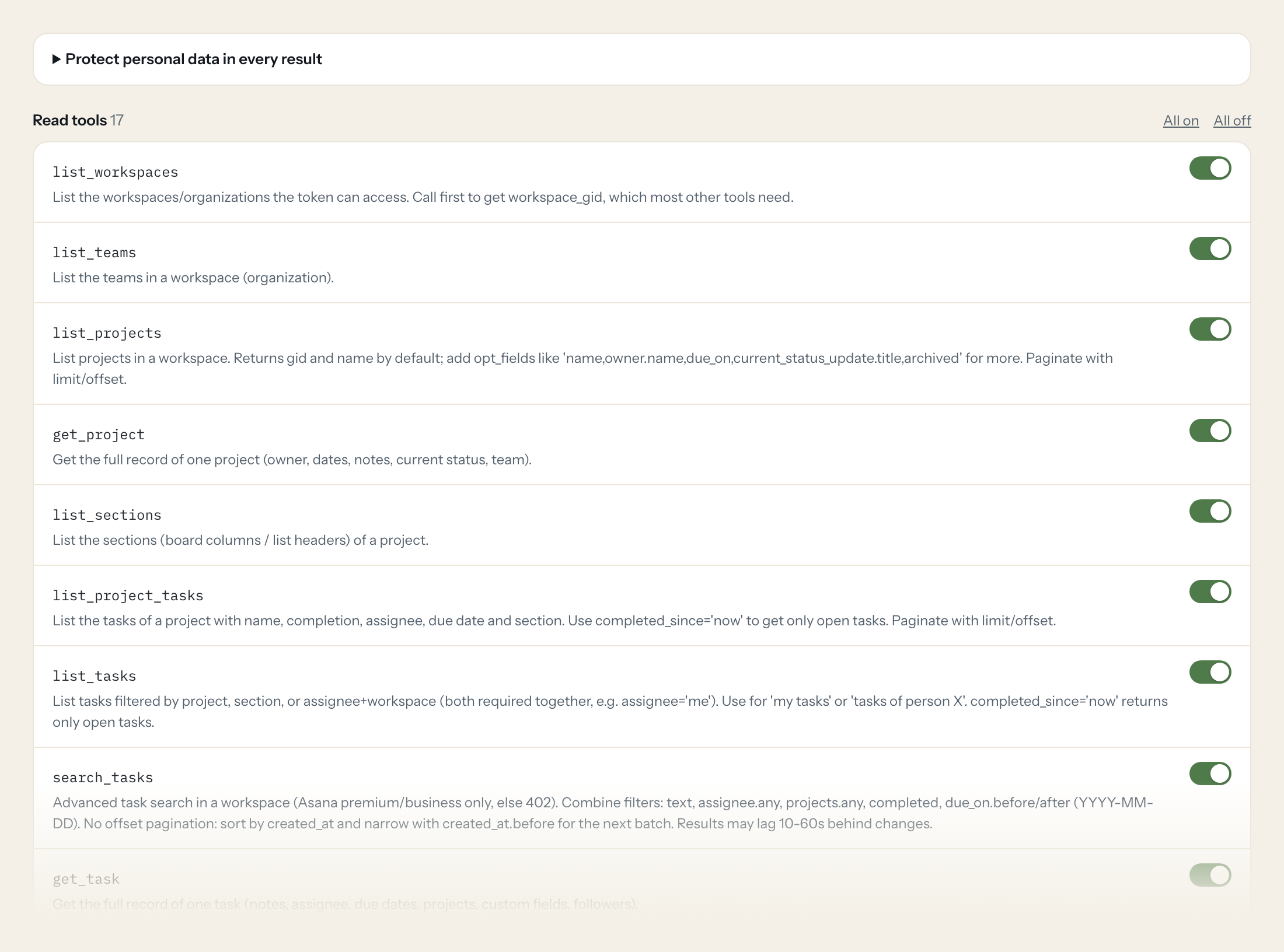 The Tools tab of the Asana server in Loopthink: each tool with its own switch