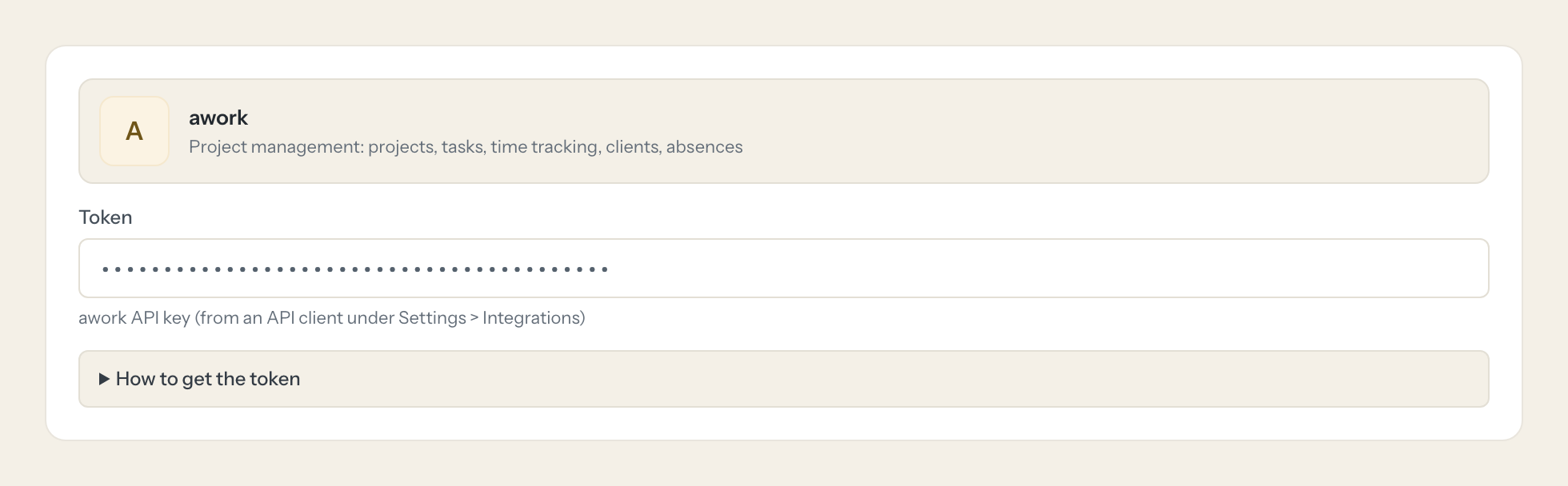 The awork connection form in Loopthink: the token