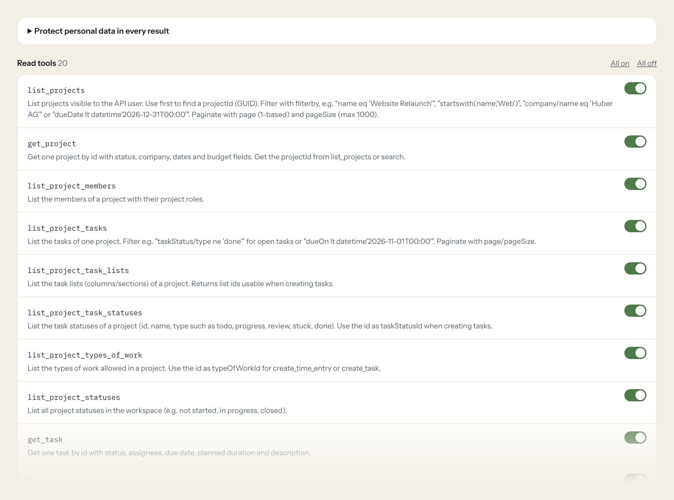 The Tools tab of the awork server in Loopthink: each tool with its own switch