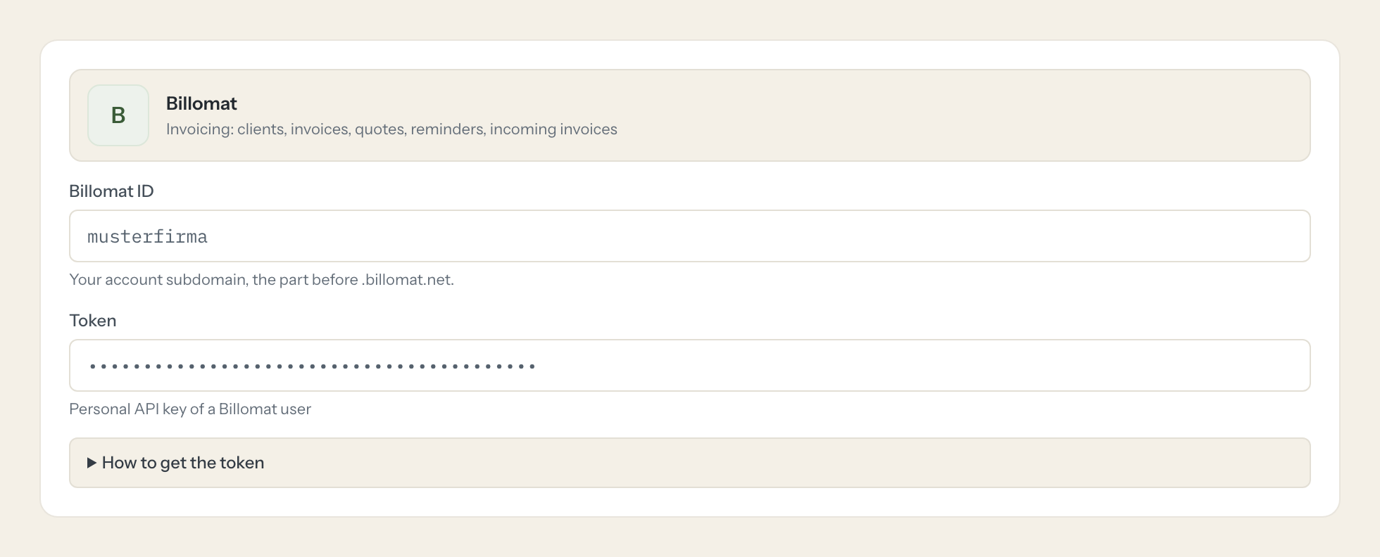 The Billomat connection form in Loopthink: billomat id and the token