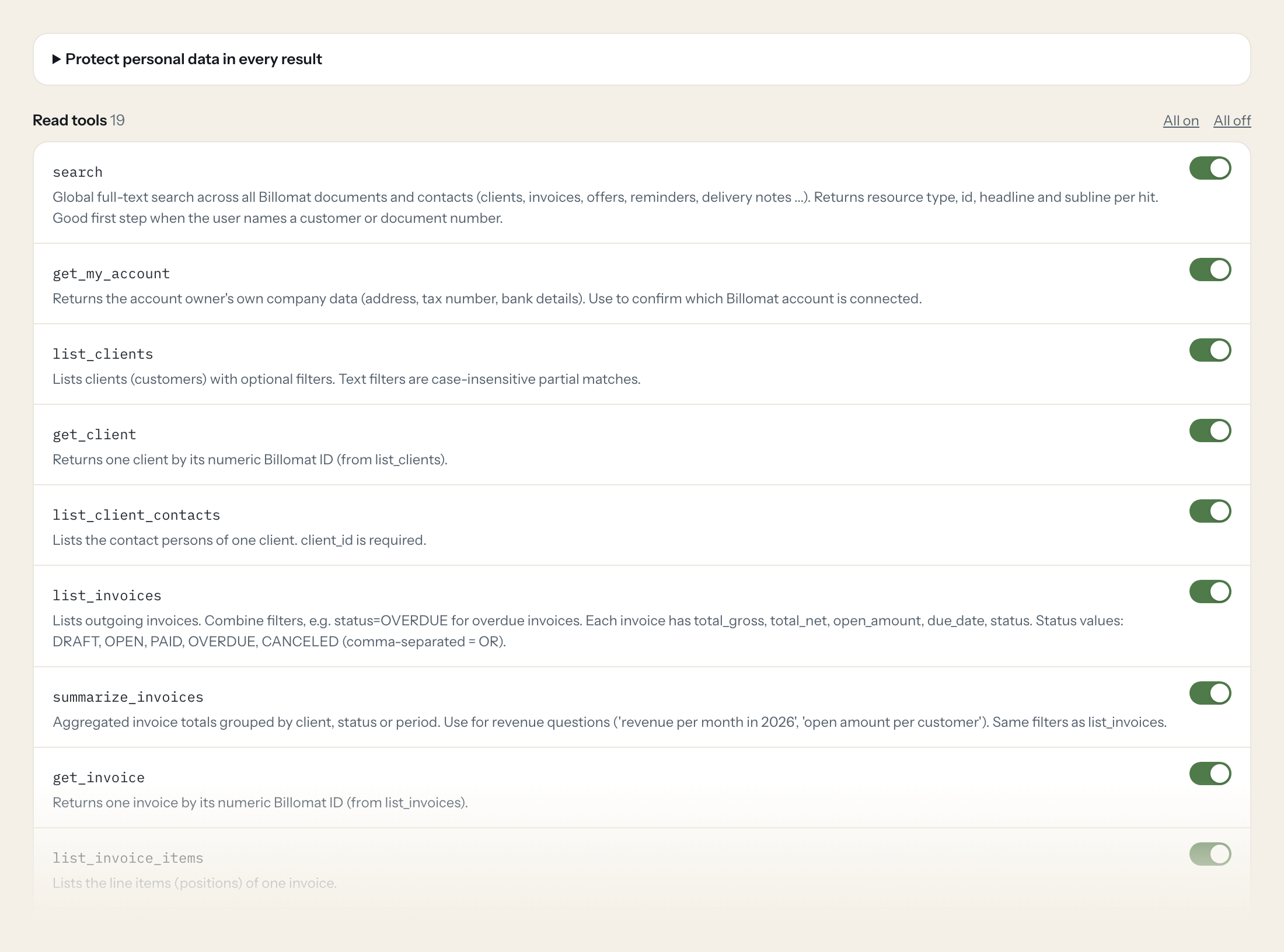 The Tools tab of the Billomat server in Loopthink: each tool with its own switch