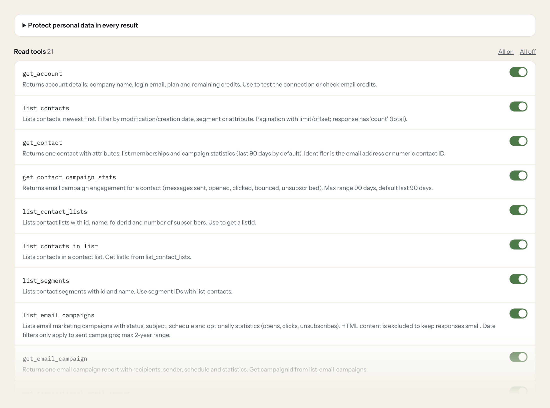 The Tools tab of the Brevo server in Loopthink: each tool with its own switch