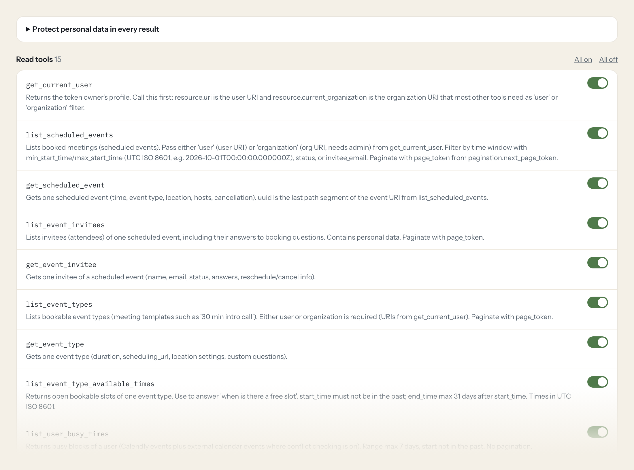The Tools tab of the Calendly server in Loopthink: each tool with its own switch