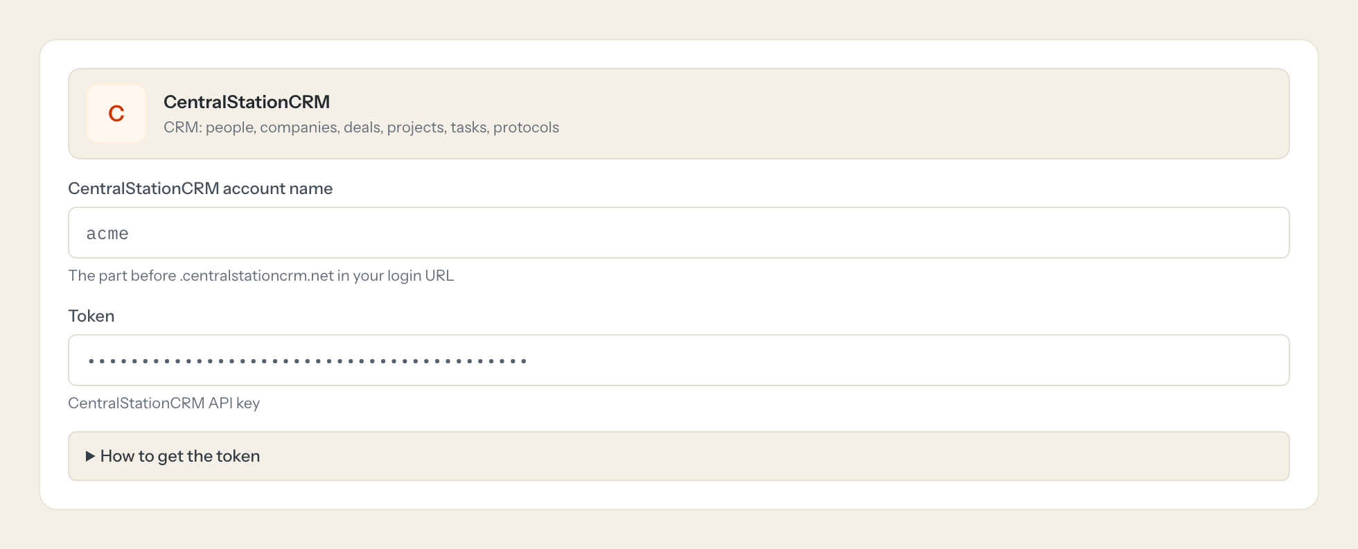 Das CentralStationCRM-Verbindungsformular in Loopthink: centralstationcrm account name und der Token