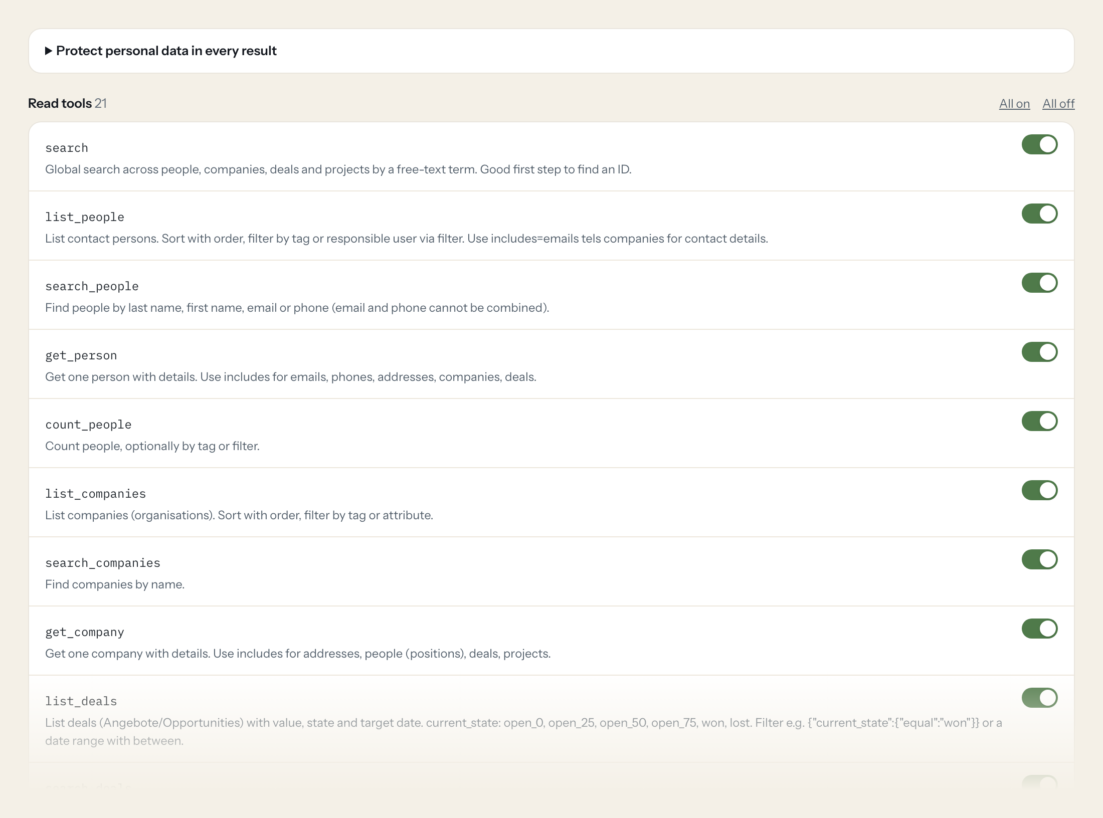 Der Tools-Tab des CentralStationCRM-Servers in Loopthink: jedes Tool mit eigenem Schalter