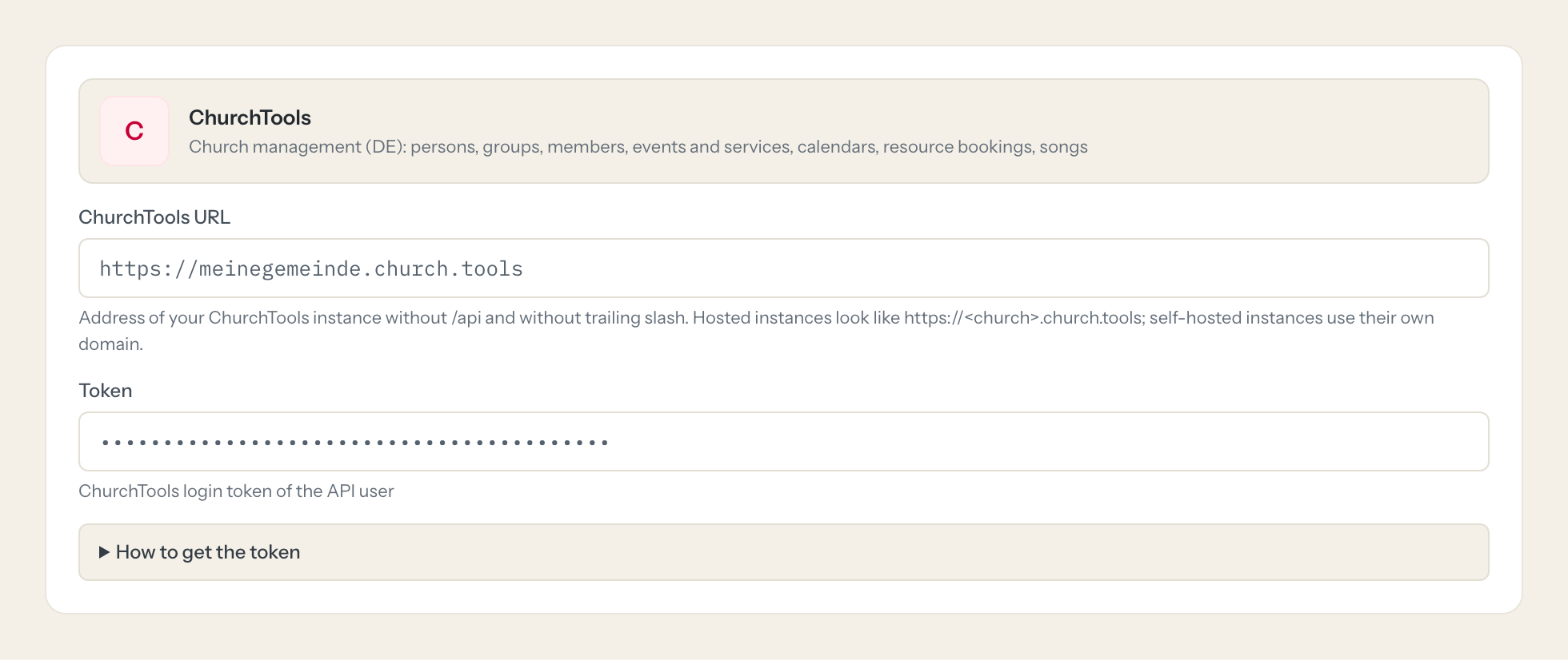 The ChurchTools connection form in Loopthink: churchtools url and the token
