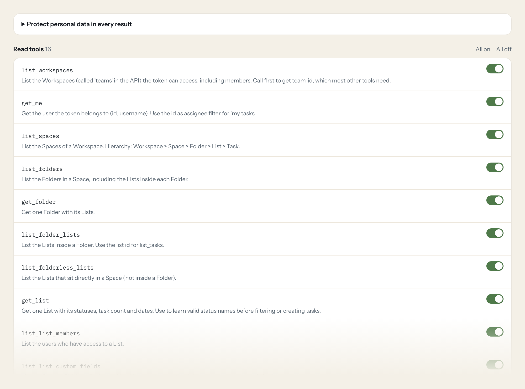 The Tools tab of the ClickUp server in Loopthink: each tool with its own switch