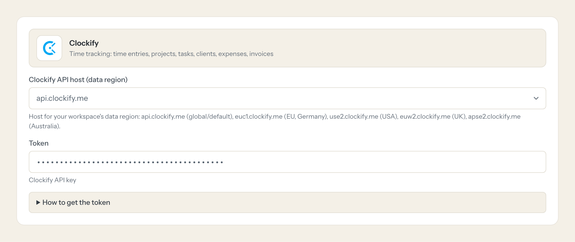 The Clockify connection form in Loopthink: clockify api host (data region) and the token