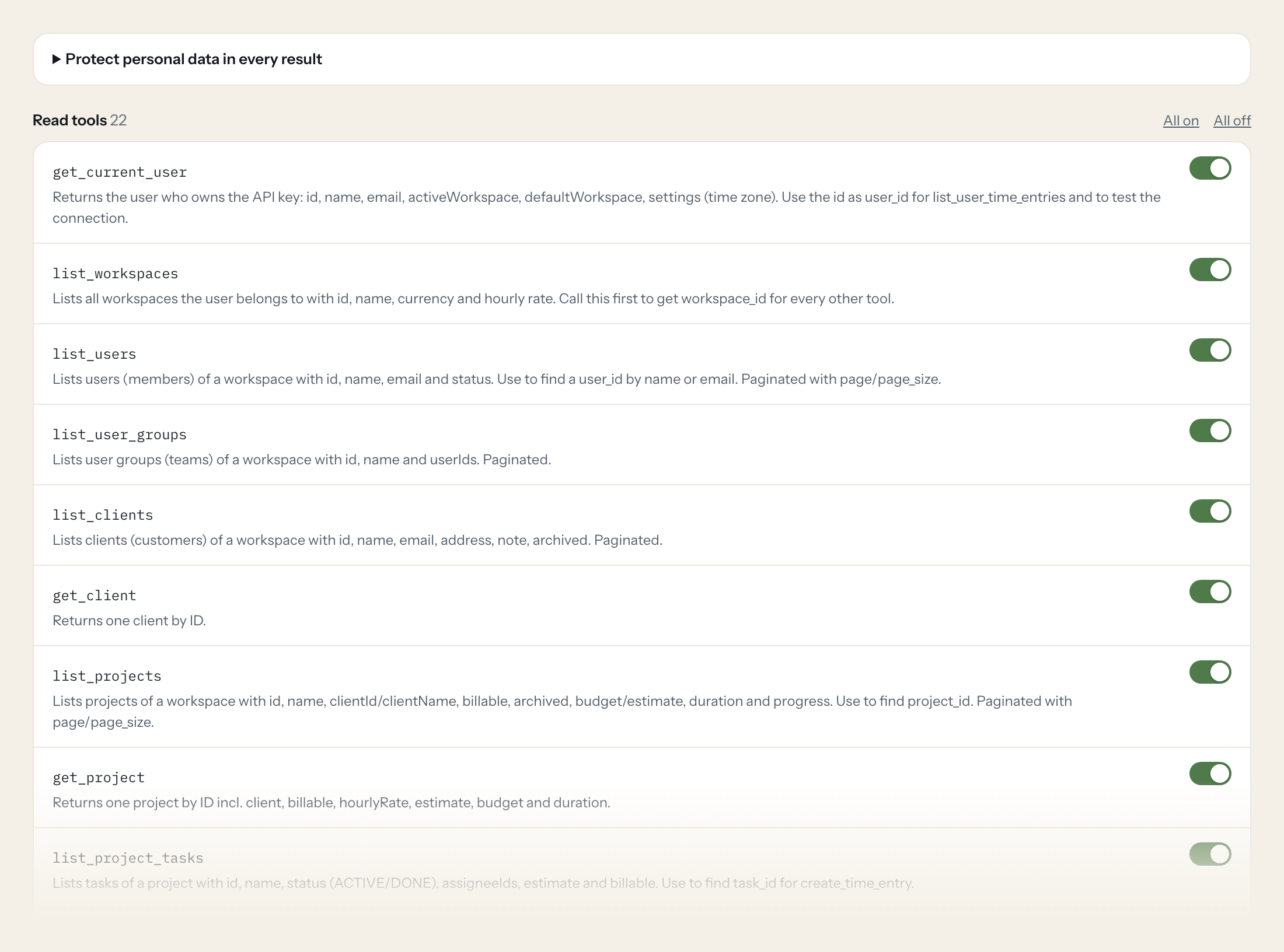 The Tools tab of the Clockify server in Loopthink: each tool with its own switch