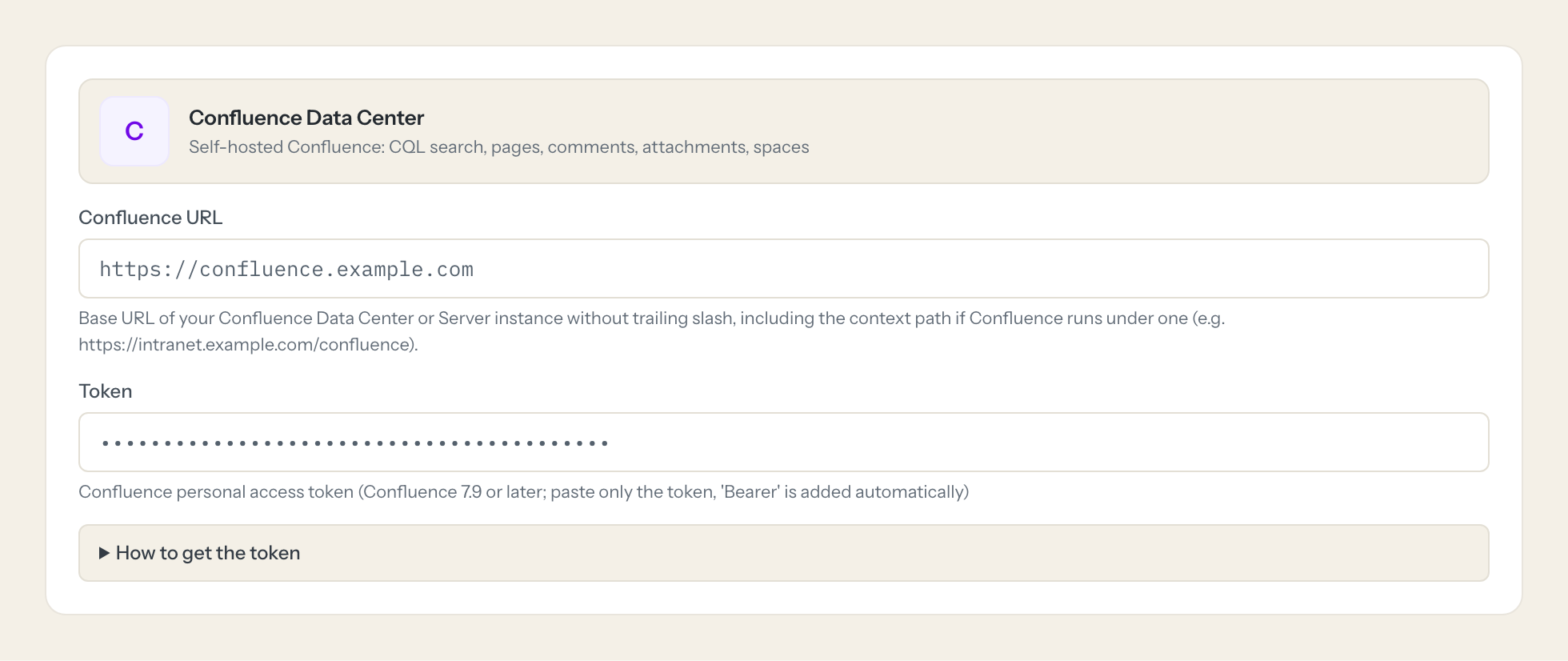 The Confluence Data Center connection form in Loopthink: confluence url and the token