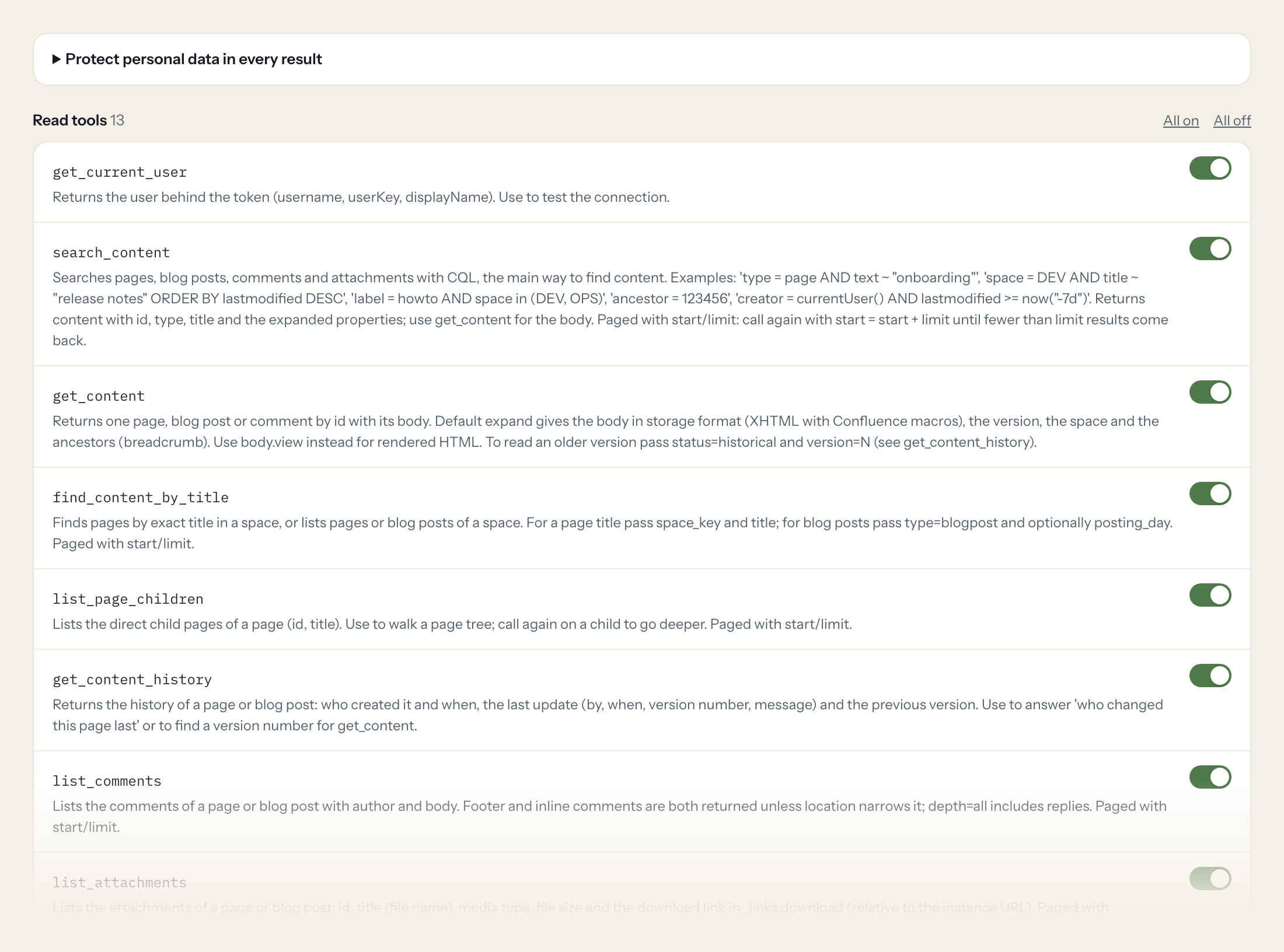 The Tools tab of the Confluence Data Center server in Loopthink: each tool with its own switch