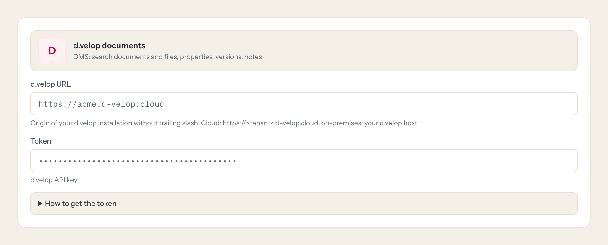 The d.velop documents connection form in Loopthink: d.velop url and the token