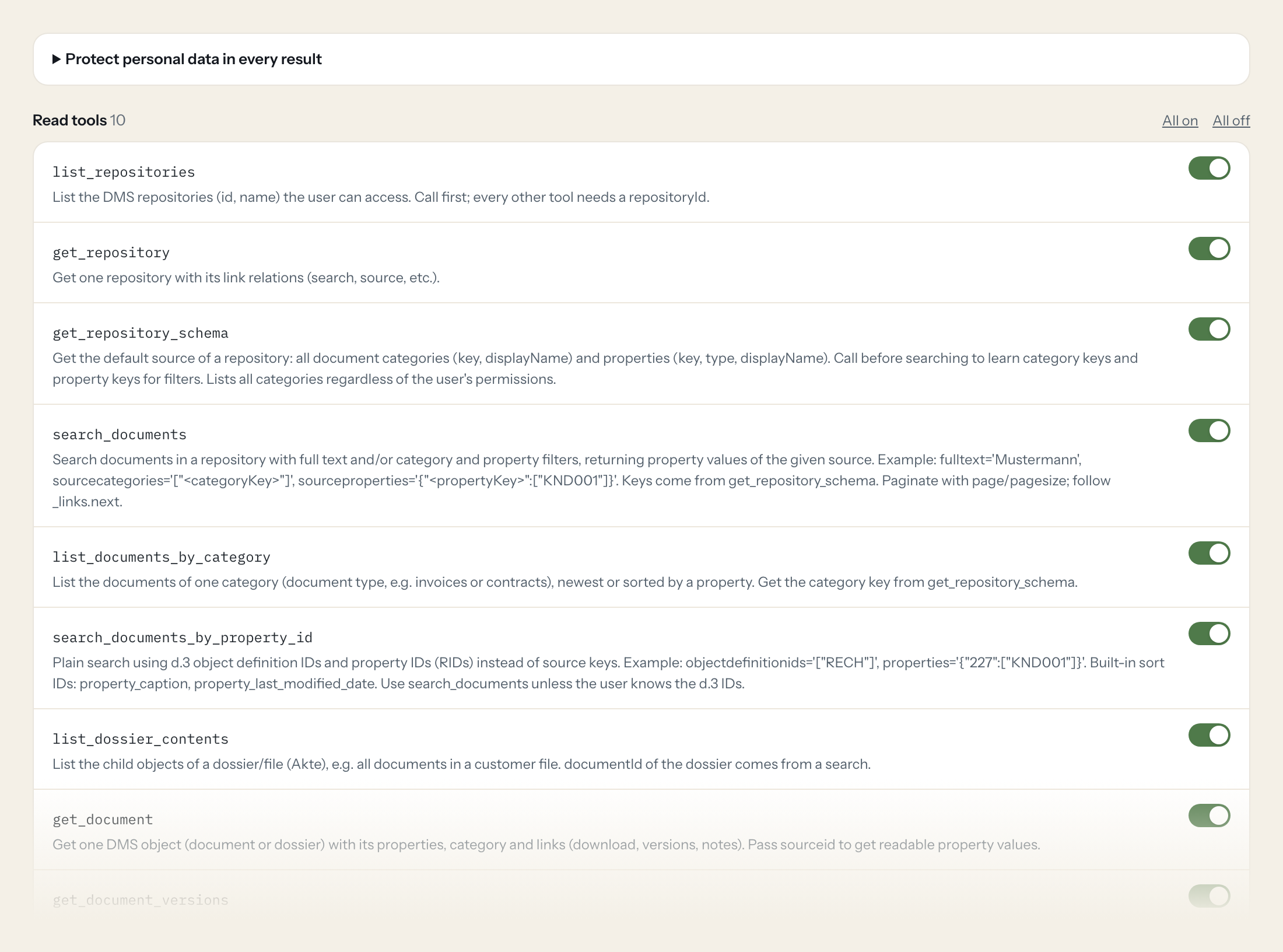 The Tools tab of the d.velop documents server in Loopthink: each tool with its own switch