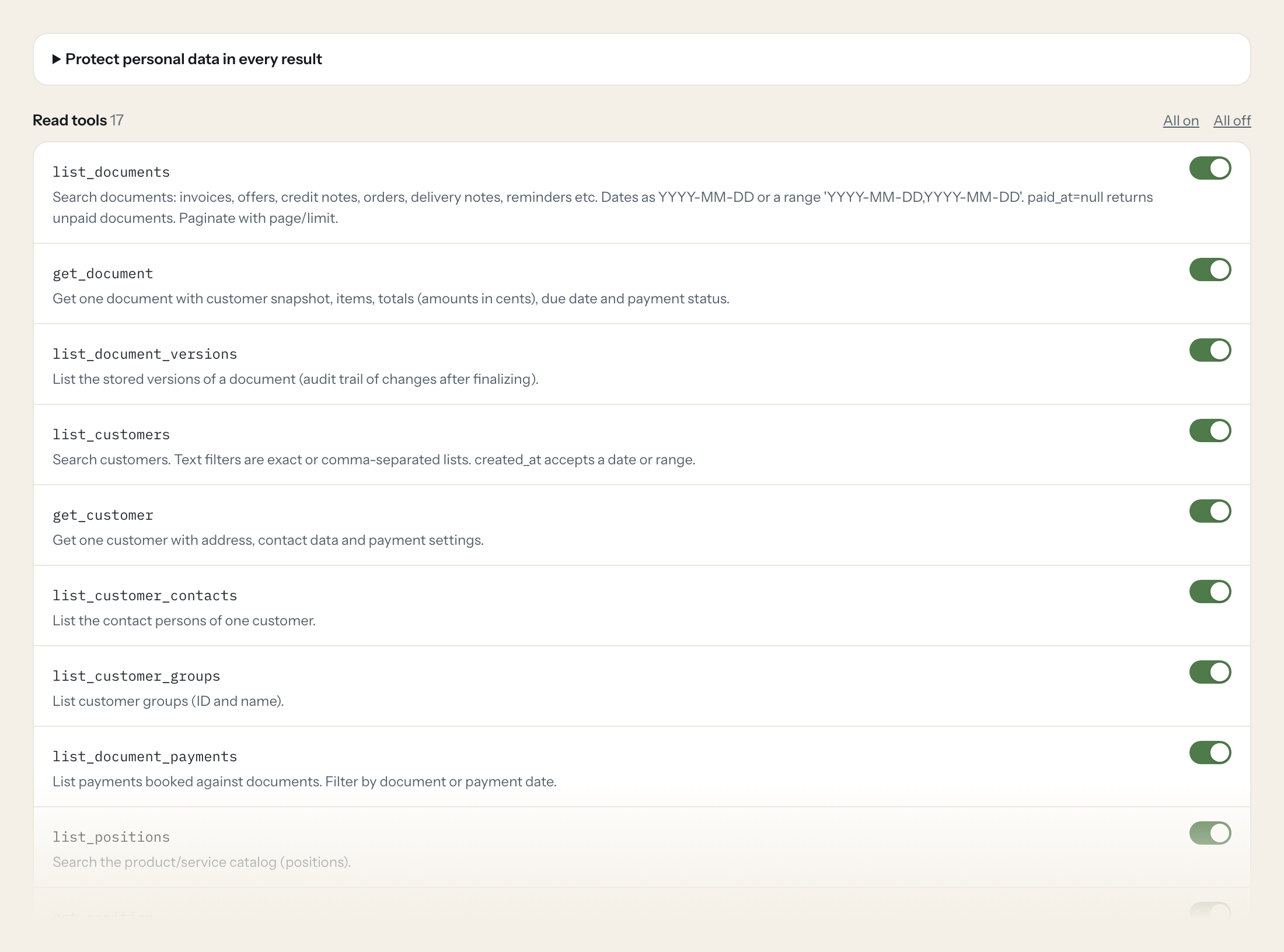The Tools tab of the easybill server in Loopthink: each tool with its own switch