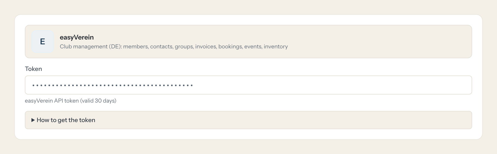 The easyVerein connection form in Loopthink: the token