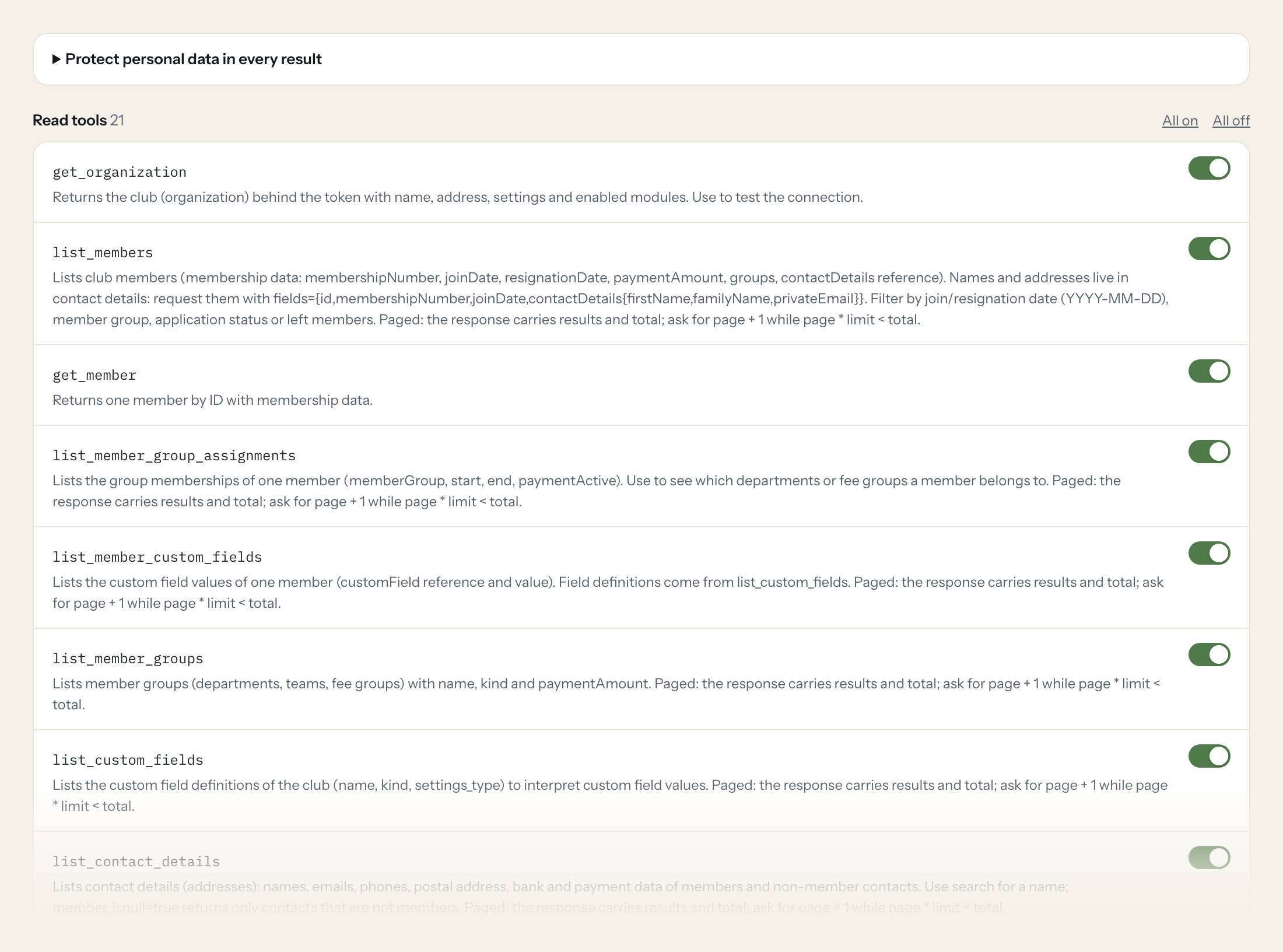 The Tools tab of the easyVerein server in Loopthink: each tool with its own switch