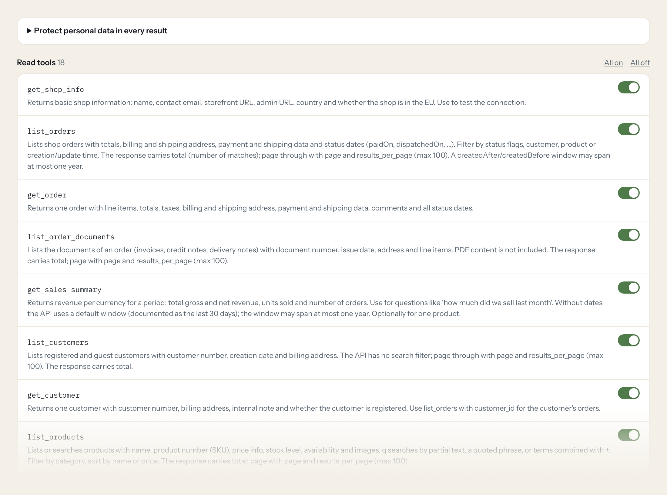 The Tools tab of the ePages server in Loopthink: each tool with its own switch