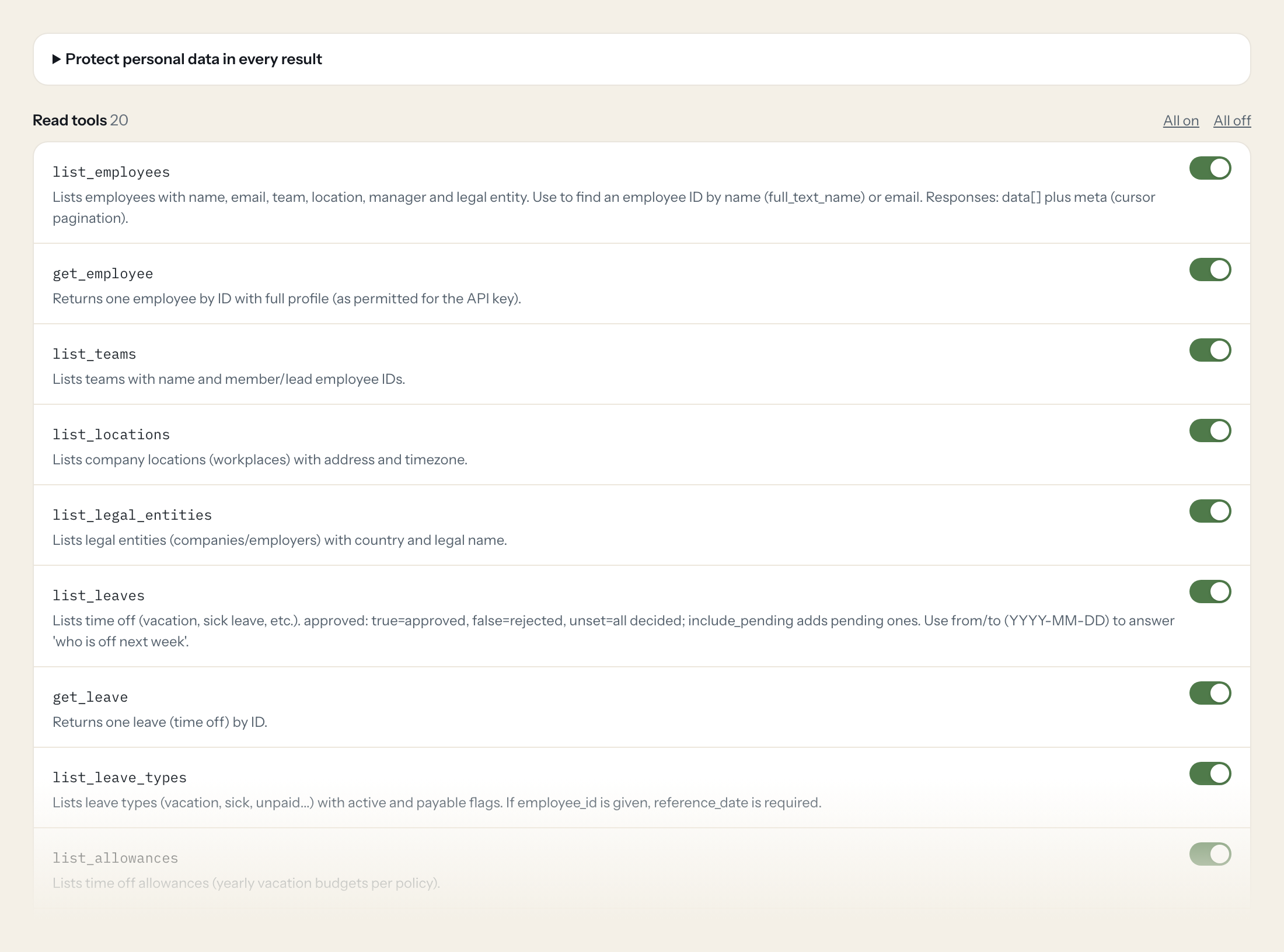 The Tools tab of the Factorial server in Loopthink: each tool with its own switch