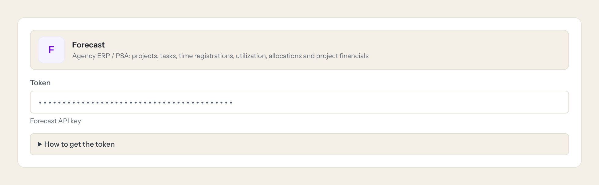 The Forecast connection form in Loopthink: the token
