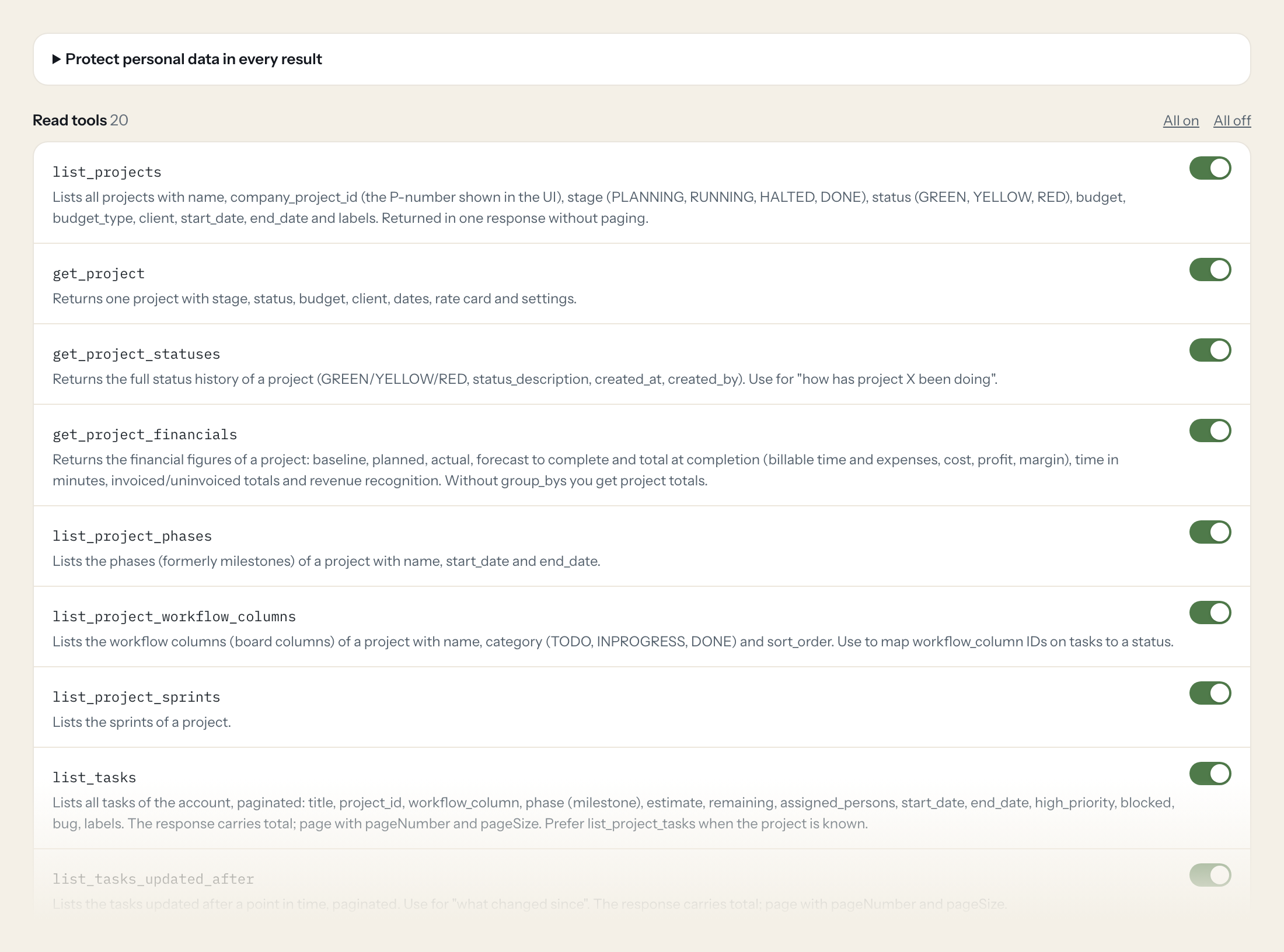 The Tools tab of the Forecast server in Loopthink: each tool with its own switch