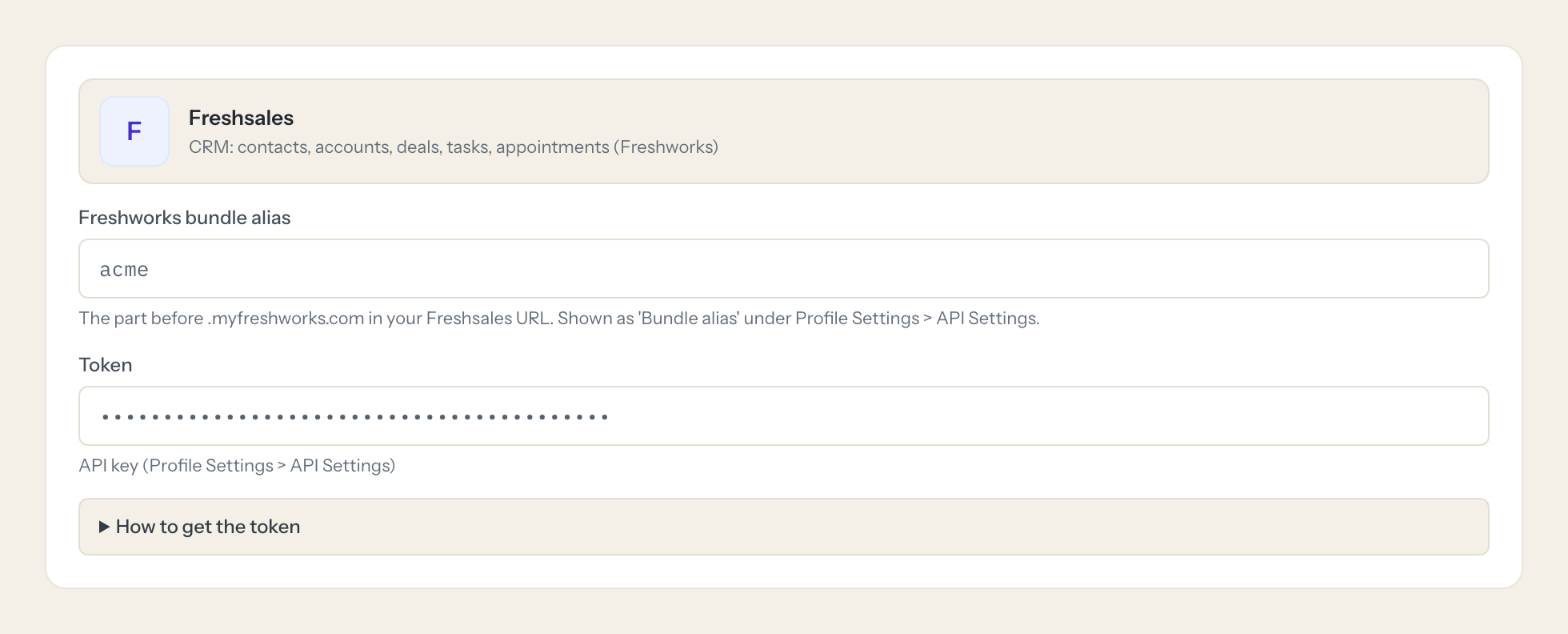 The Freshsales connection form in Loopthink: freshworks bundle alias and the token
