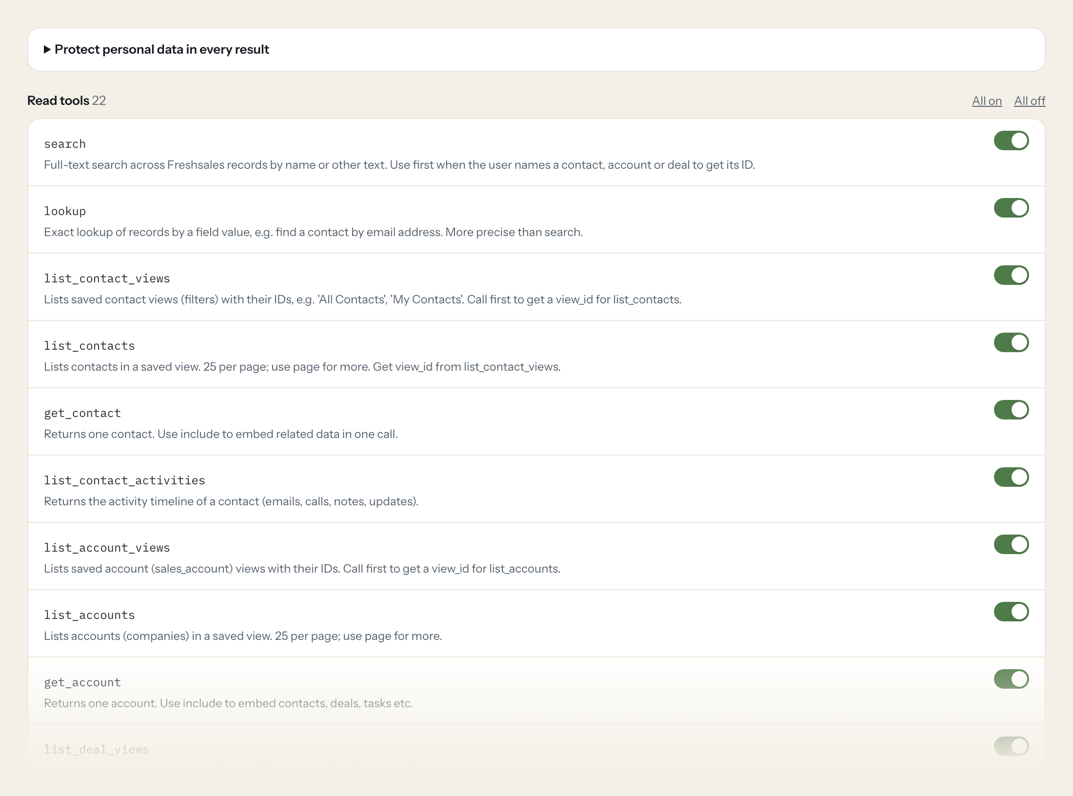 The Tools tab of the Freshsales server in Loopthink: each tool with its own switch
