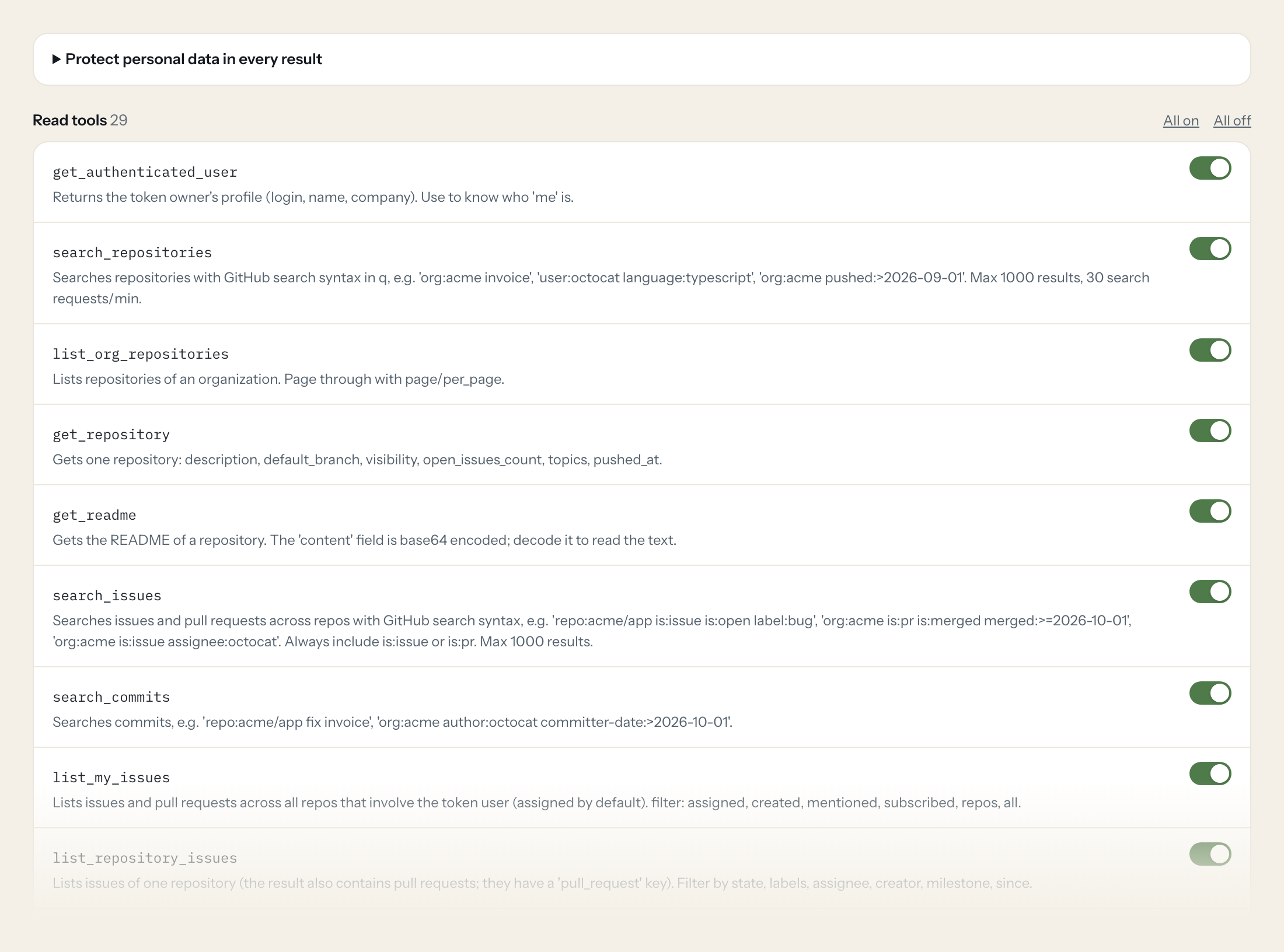 Der Tools-Tab des GitHub-Servers in Loopthink: jedes Tool mit eigenem Schalter