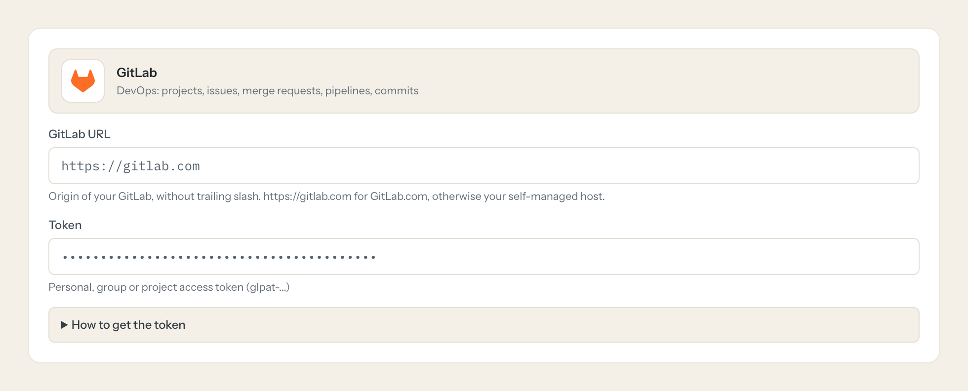 The GitLab connection form in Loopthink: gitlab url and the token