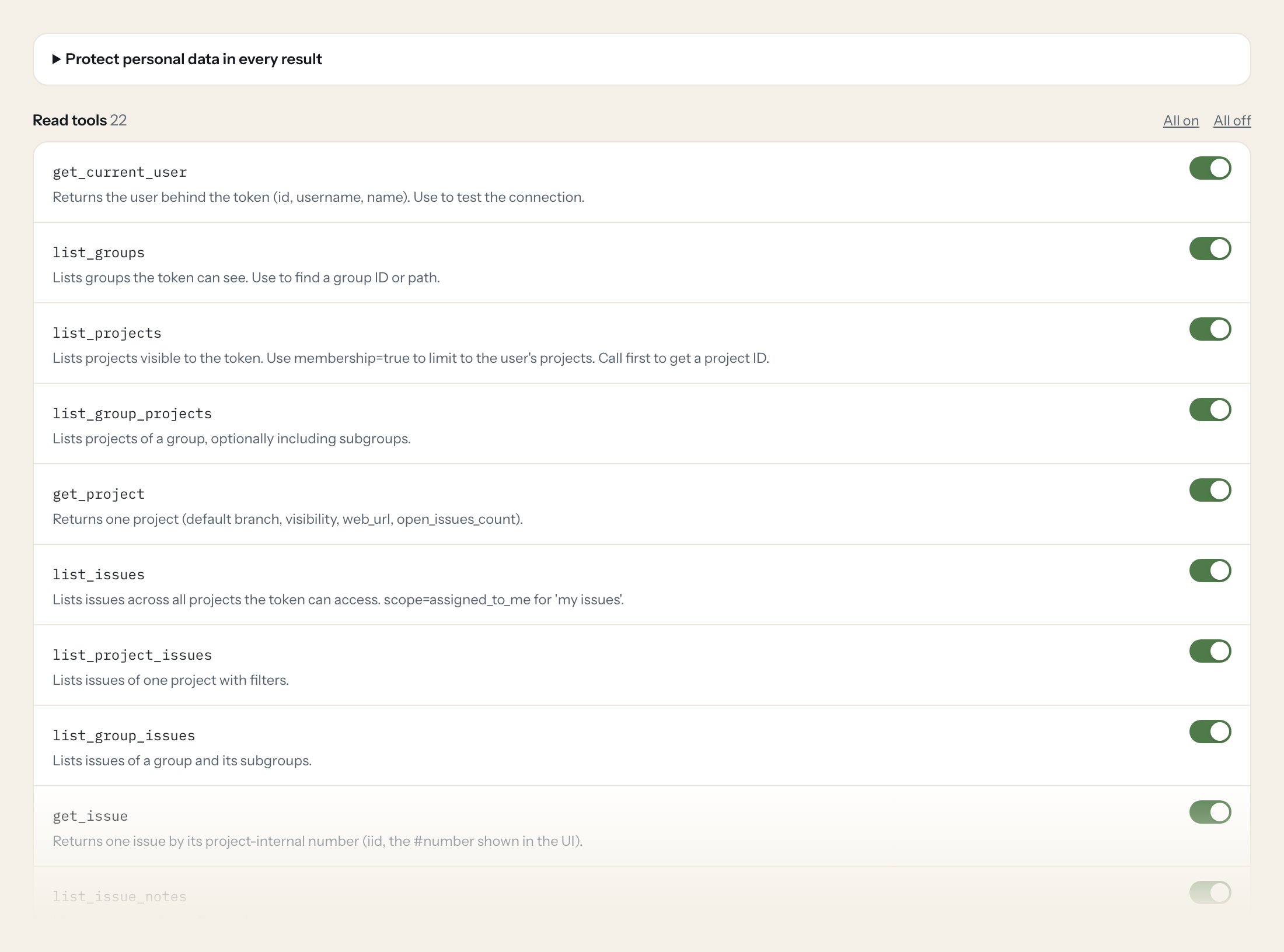 The Tools tab of the GitLab server in Loopthink: each tool with its own switch