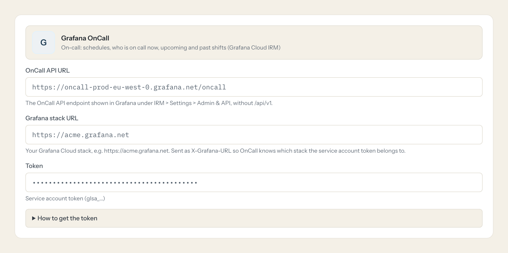 The Grafana OnCall connection form in Loopthink: oncall api url, grafana stack url and the token