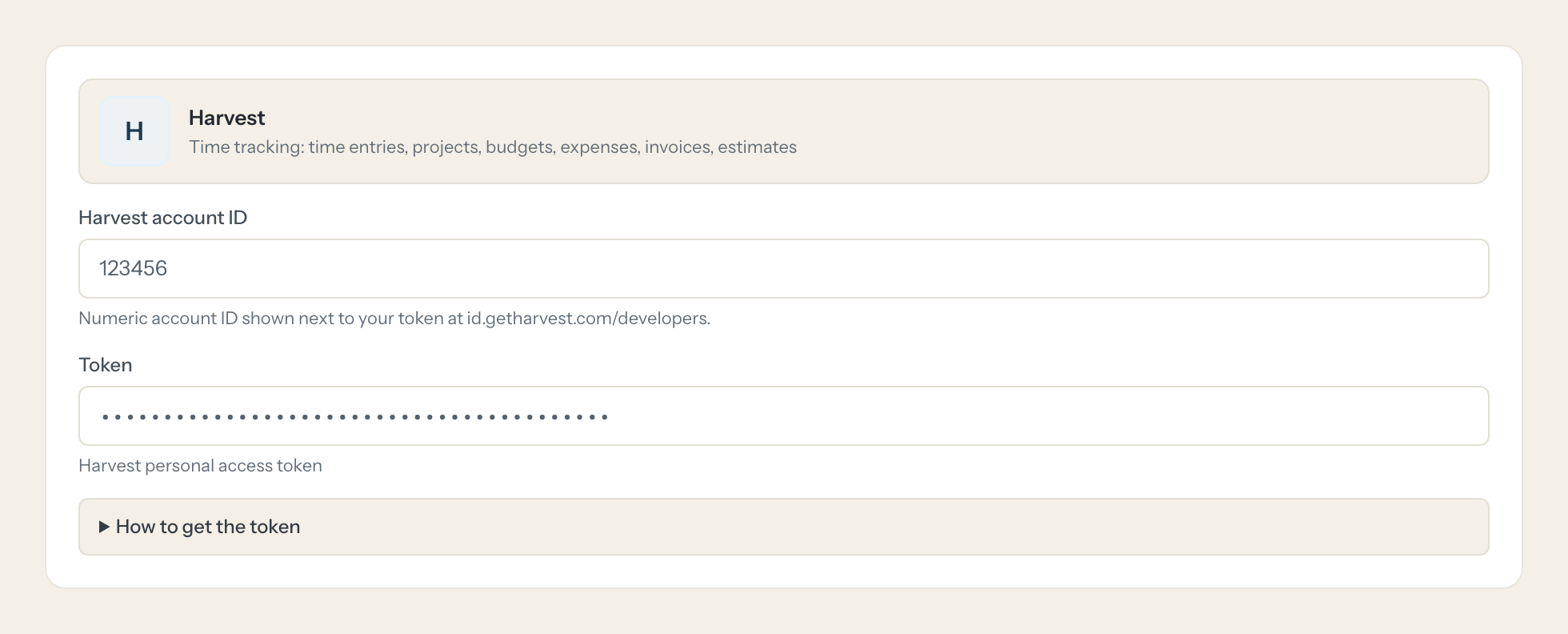 The Harvest connection form in Loopthink: harvest account id and the token