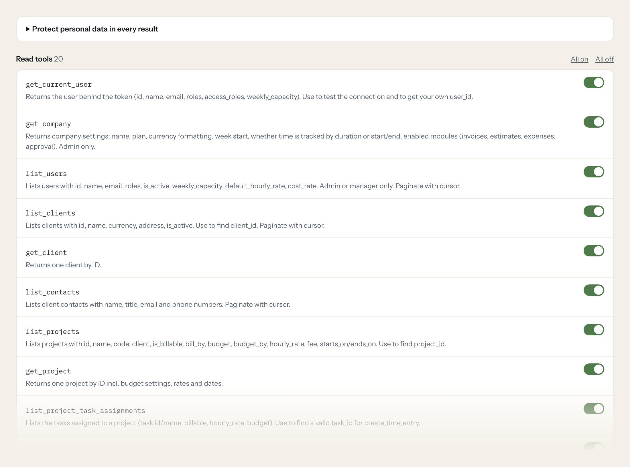 The Tools tab of the Harvest server in Loopthink: each tool with its own switch