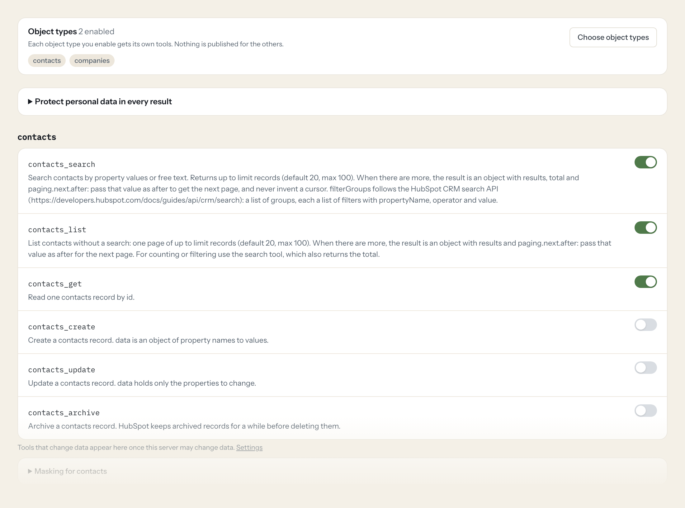 The Tools tab of the HubSpot server in Loopthink: each tool with its own switch