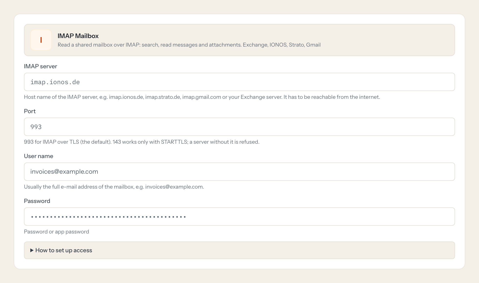 Das IMAP Mailbox-Verbindungsformular in Loopthink: imap server, port, user name und die Zugangsdaten