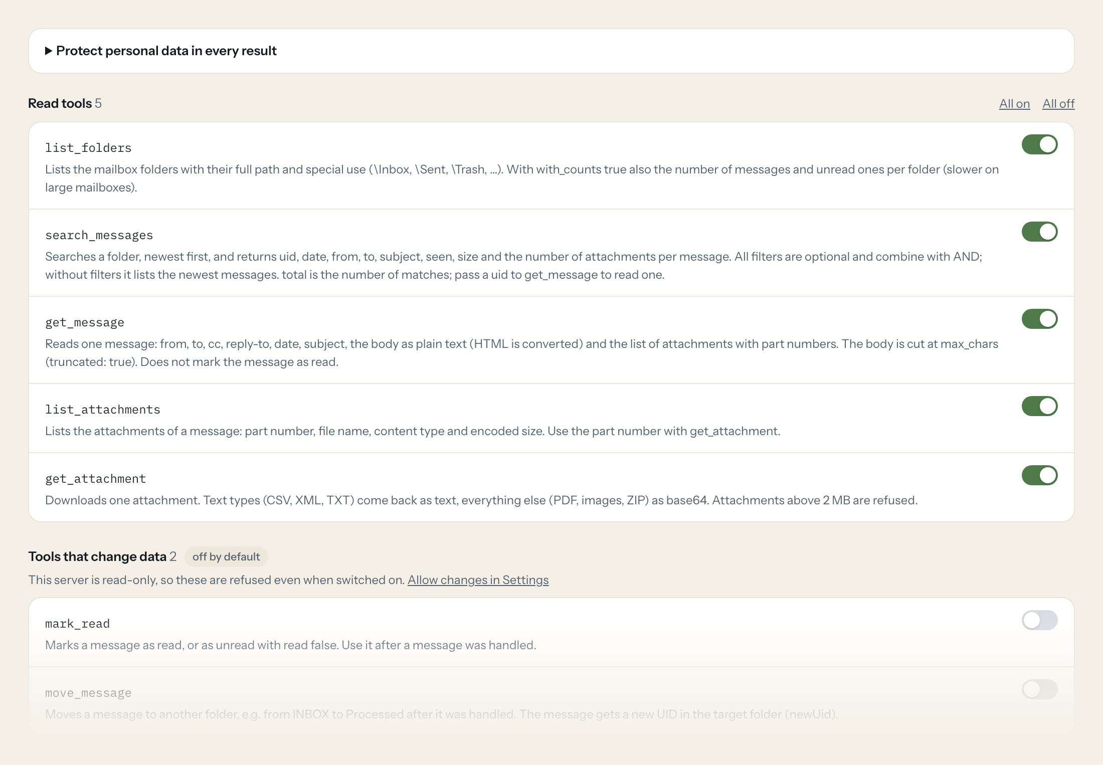 Der Tools-Tab des IMAP Mailbox-Servers in Loopthink: jedes Tool mit eigenem Schalter