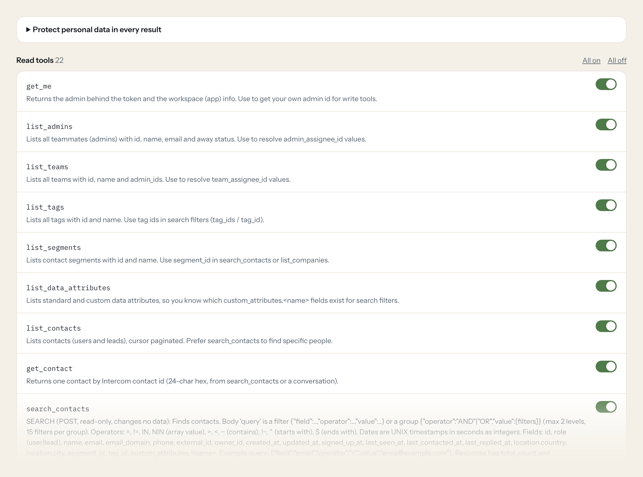 The Tools tab of the Intercom server in Loopthink: each tool with its own switch