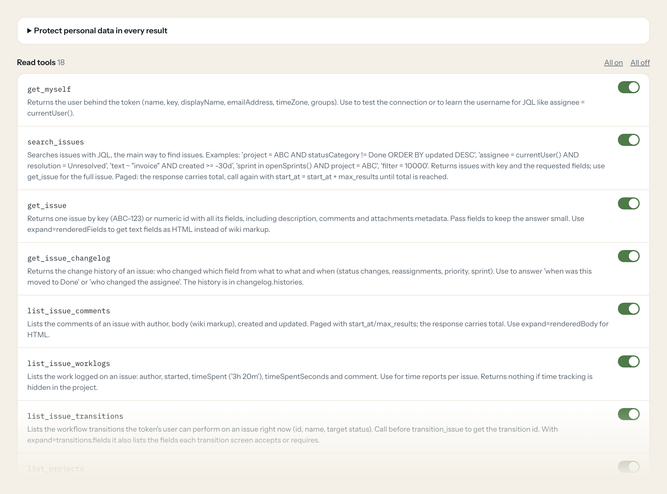Der Tools-Tab des Jira Data Center-Servers in Loopthink: jedes Tool mit eigenem Schalter