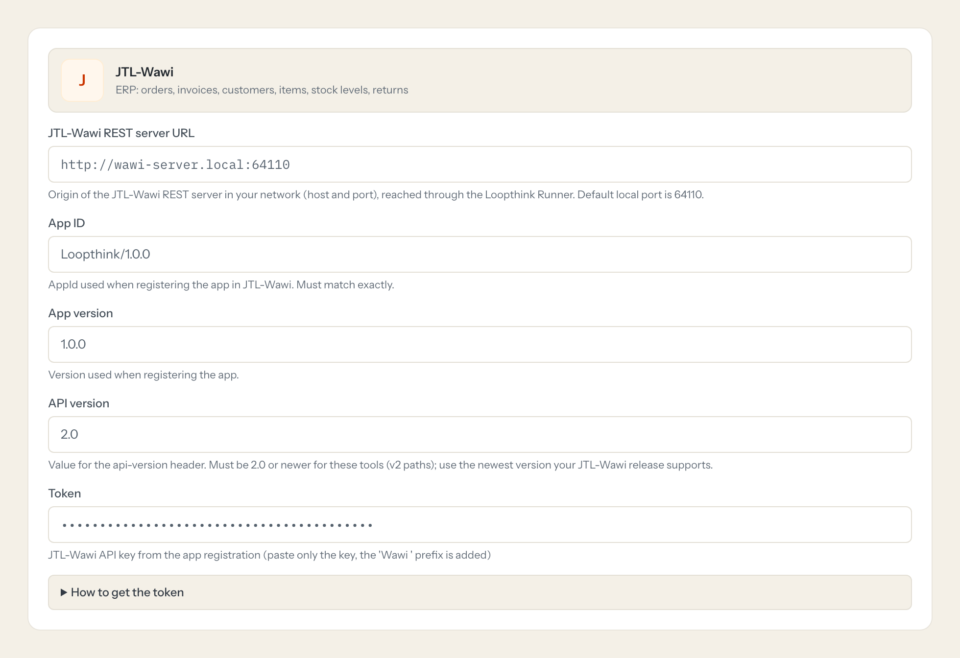 The JTL-Wawi connection form in Loopthink: jtl-wawi rest server url, app id, app version, api version and the token