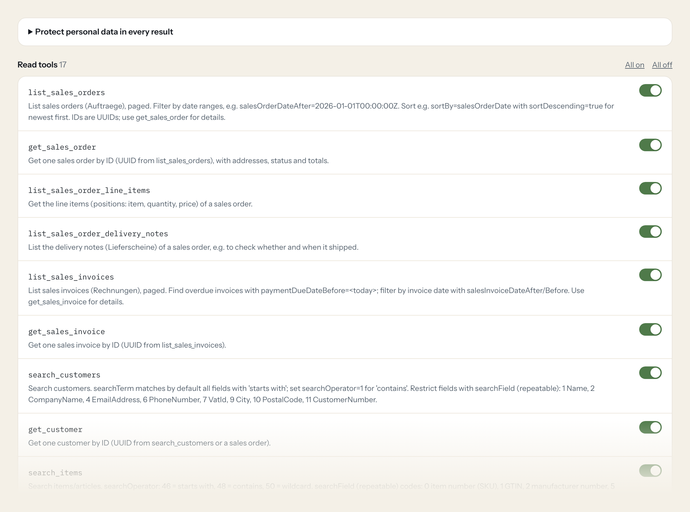 The Tools tab of the JTL-Wawi server in Loopthink: each tool with its own switch
