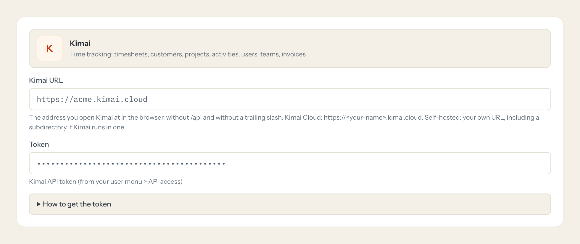 The Kimai connection form in Loopthink: kimai url and the token