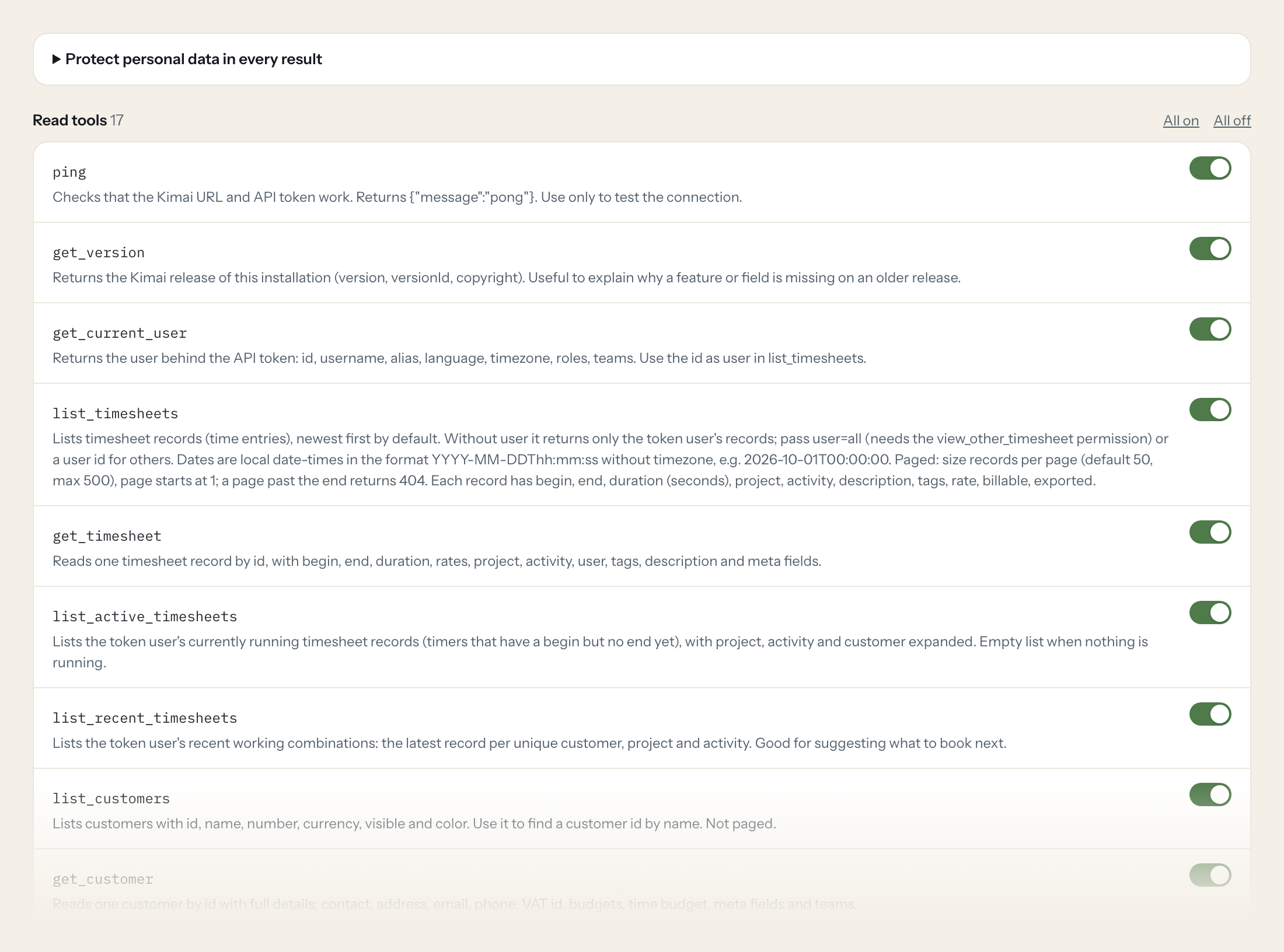 The Tools tab of the Kimai server in Loopthink: each tool with its own switch