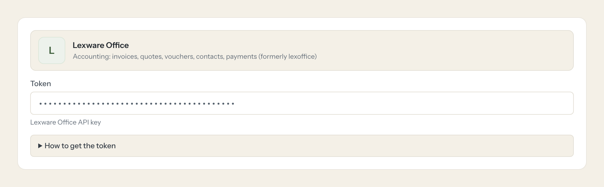 The Lexware Office connection form in Loopthink: the token