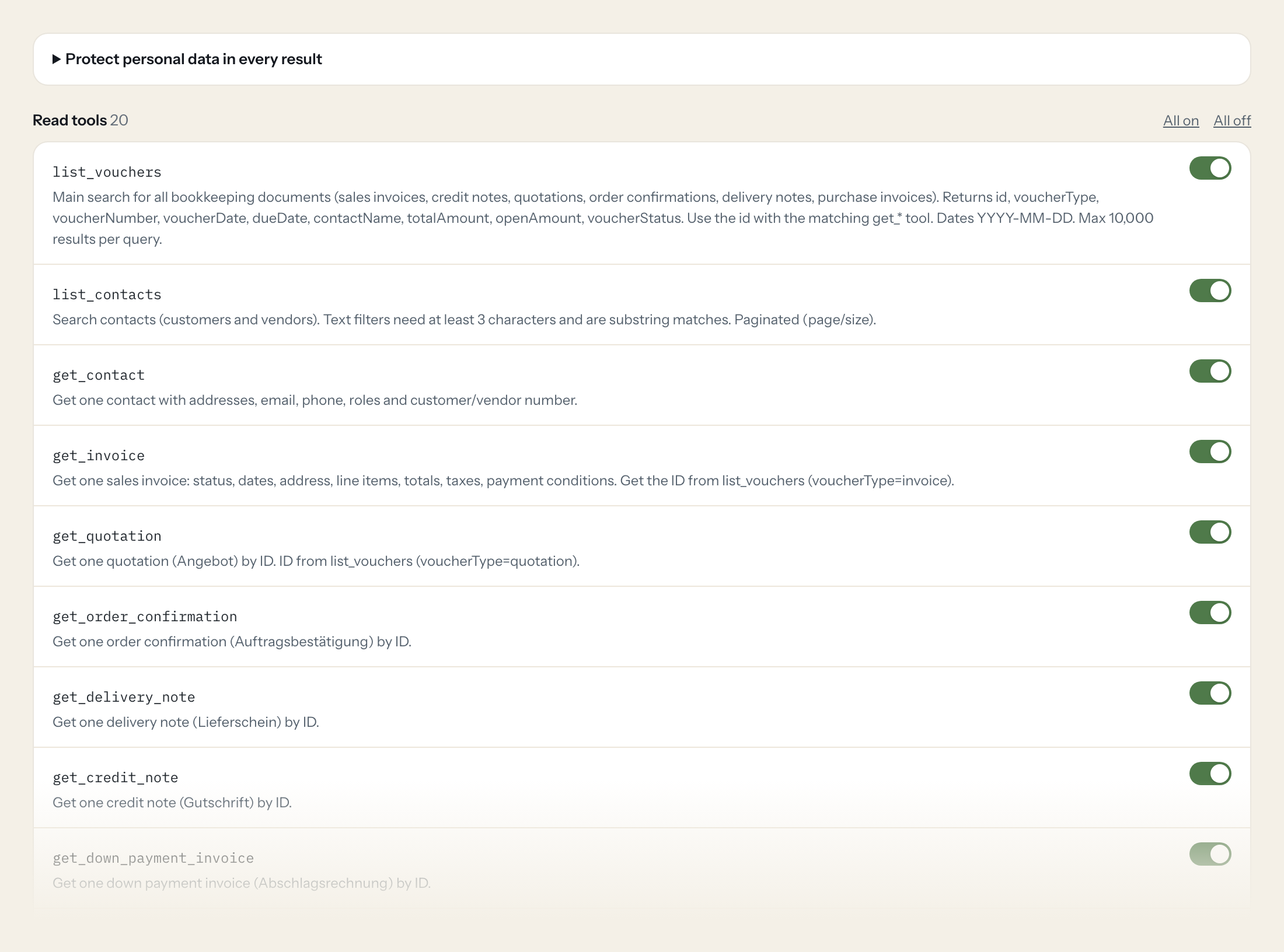 The Tools tab of the Lexware Office server in Loopthink: each tool with its own switch