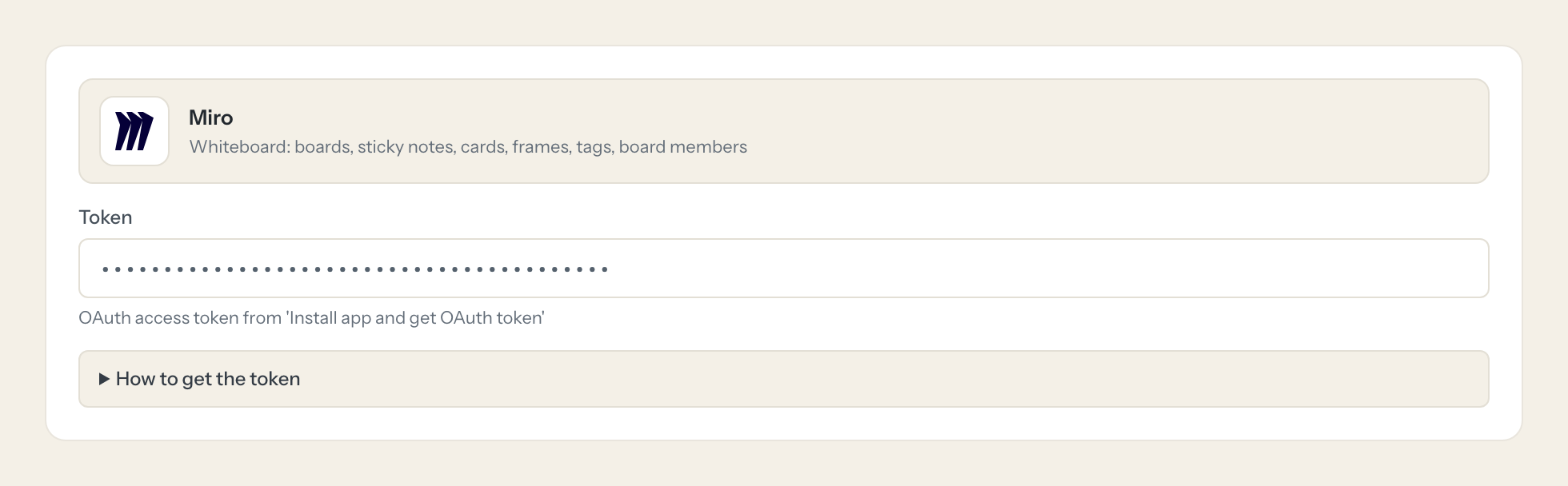 The Miro connection form in Loopthink: the token