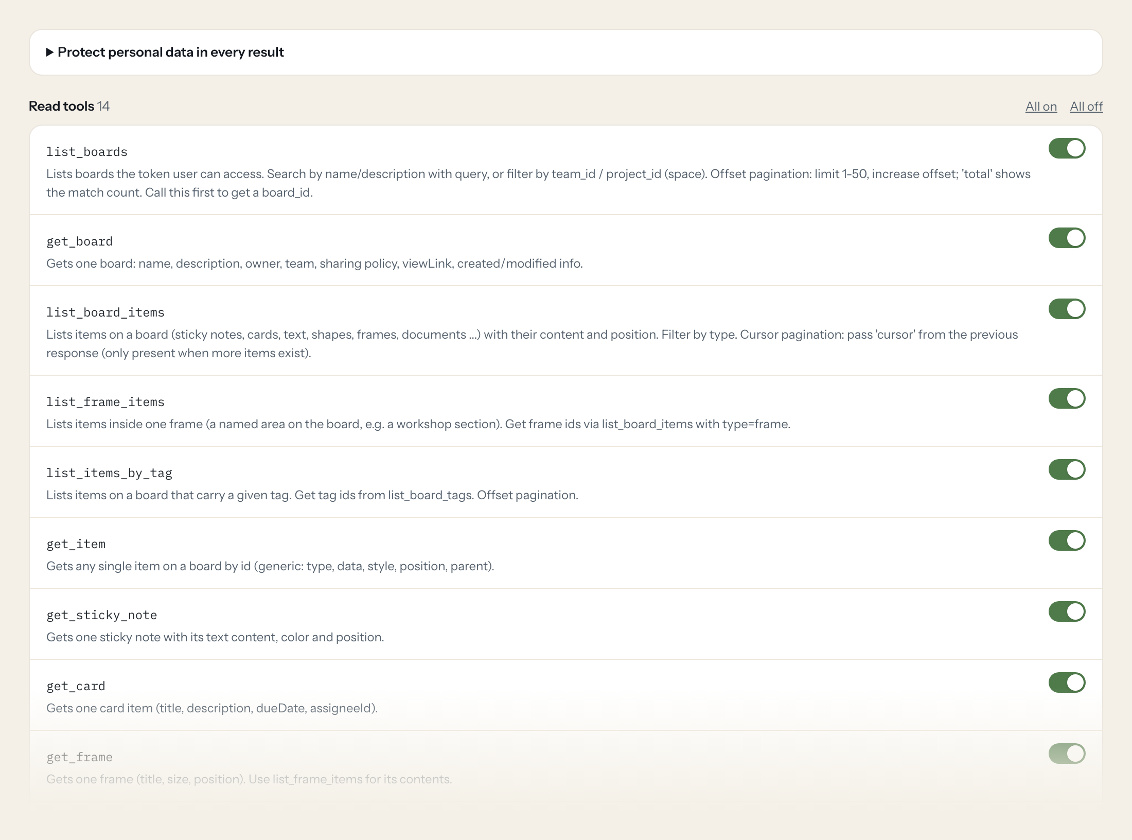 The Tools tab of the Miro server in Loopthink: each tool with its own switch