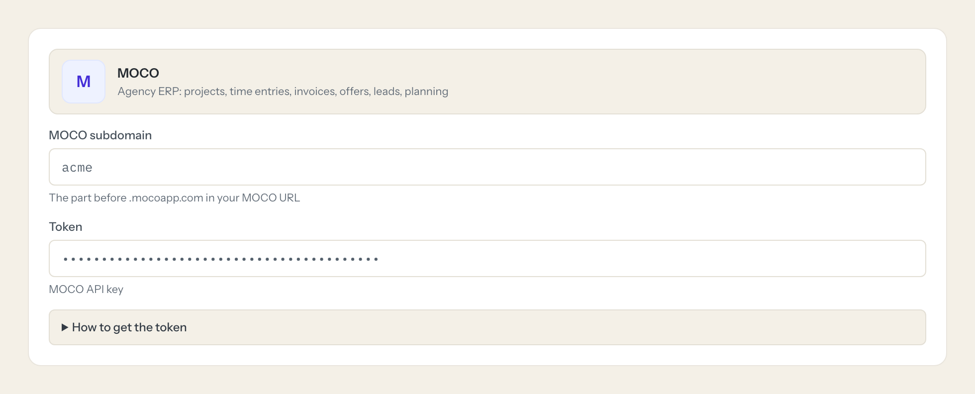 The MOCO connection form in Loopthink: moco subdomain and the token